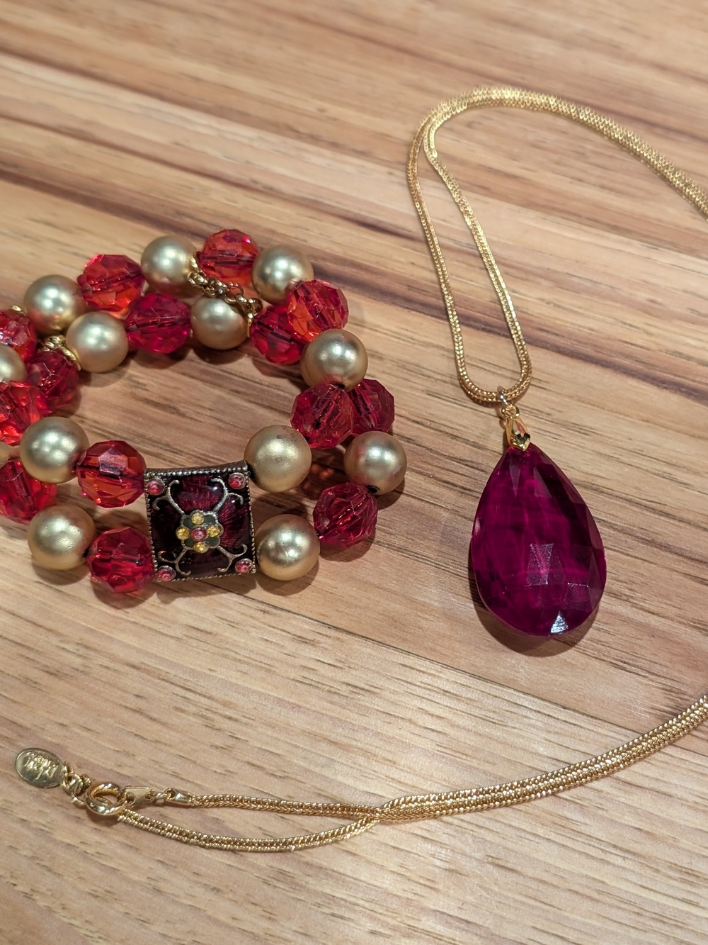 Gold Chain Necklace with Deep Red Teardrop Pendant And Matched Bracelet.